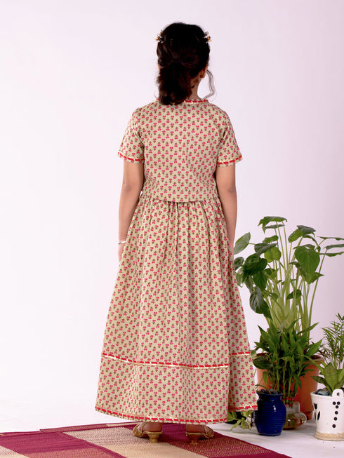 Girl's' Mint Green And Red Lehenga Set
